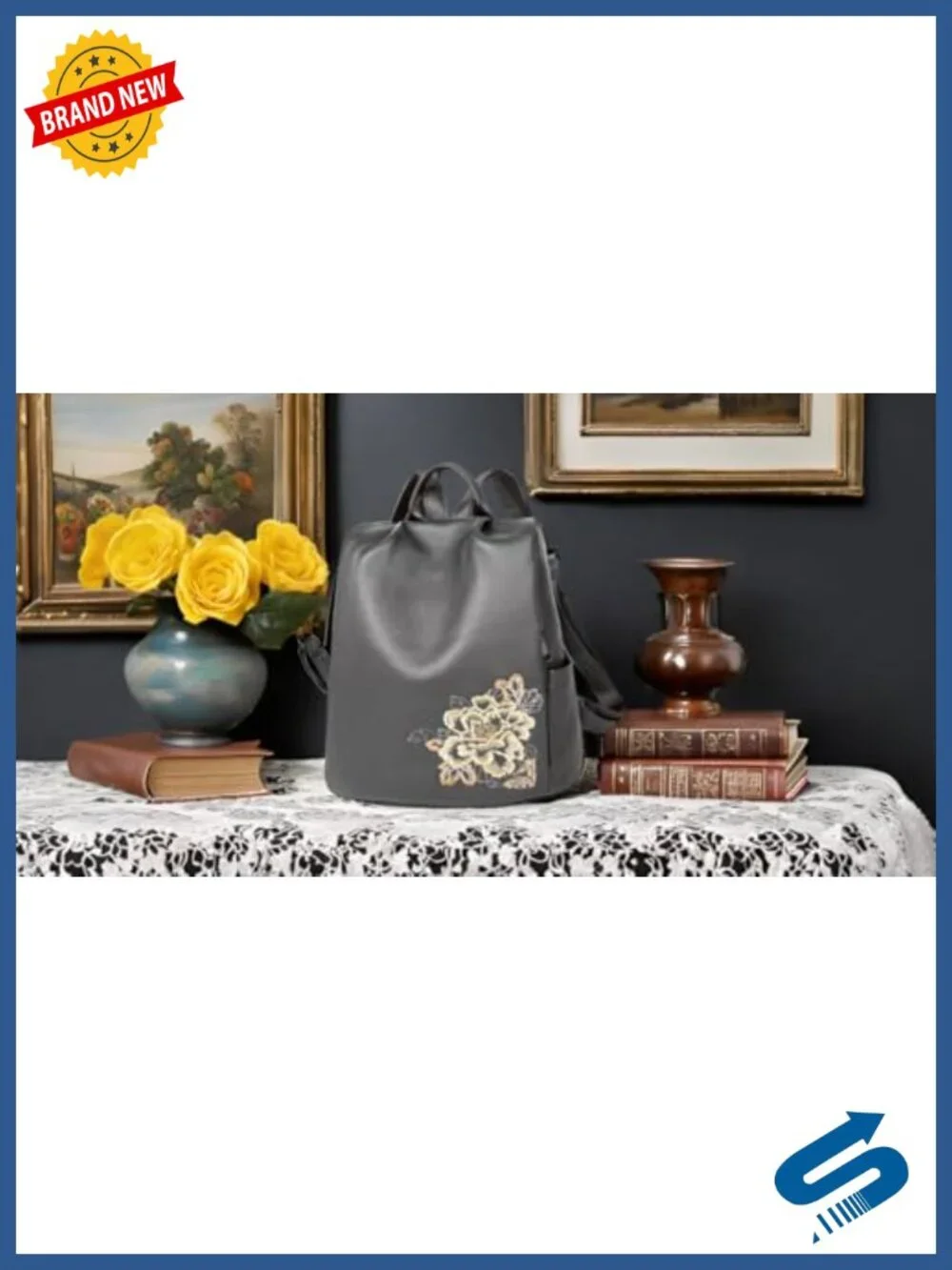 Genuine Leather Floral Embroidered Backpack Women Anti-Theft Travel